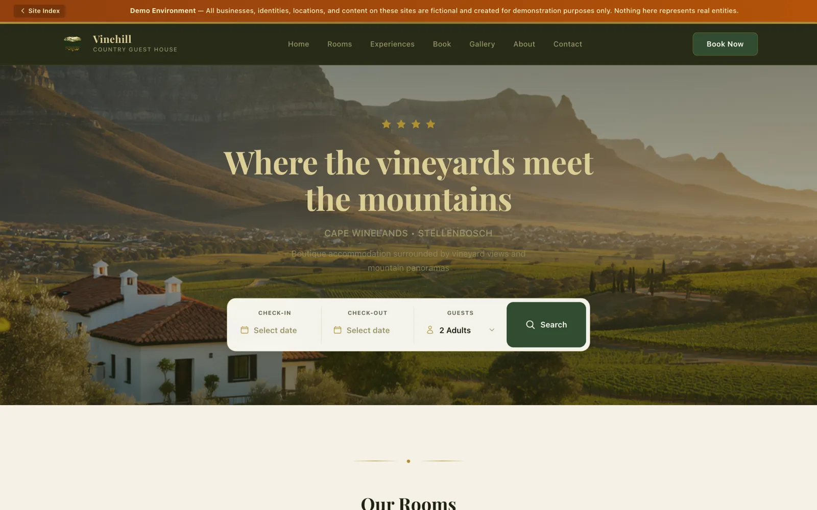 Vinehill Country Guest House, a sample guest house booking page.