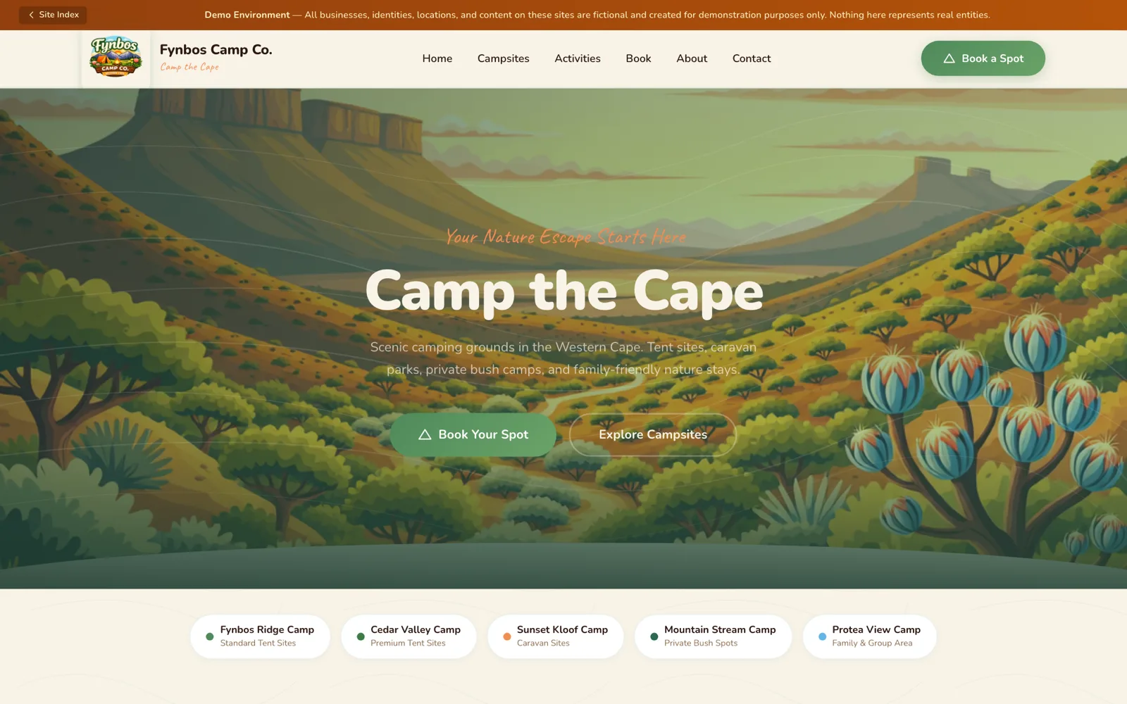 Fynbos Camp Co., a sample campsite booking page.