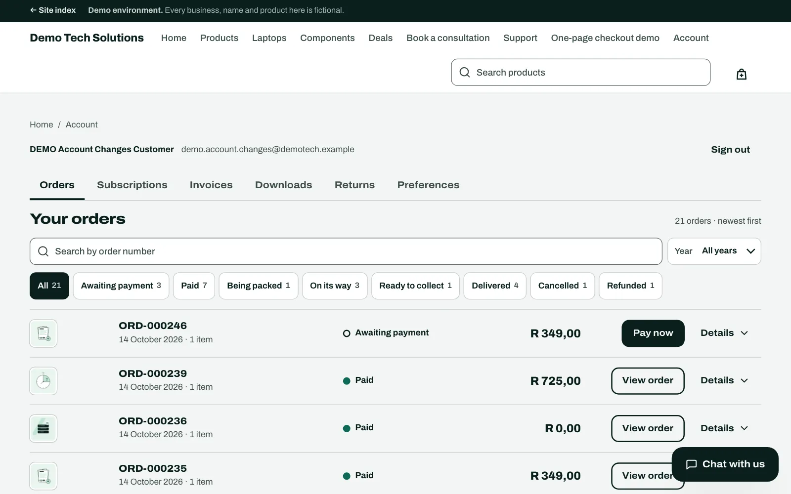 Real screenshot of the live sample shop: a customer's orders, with search, a year filter and statuses such as Paid, Being packed and On its way.