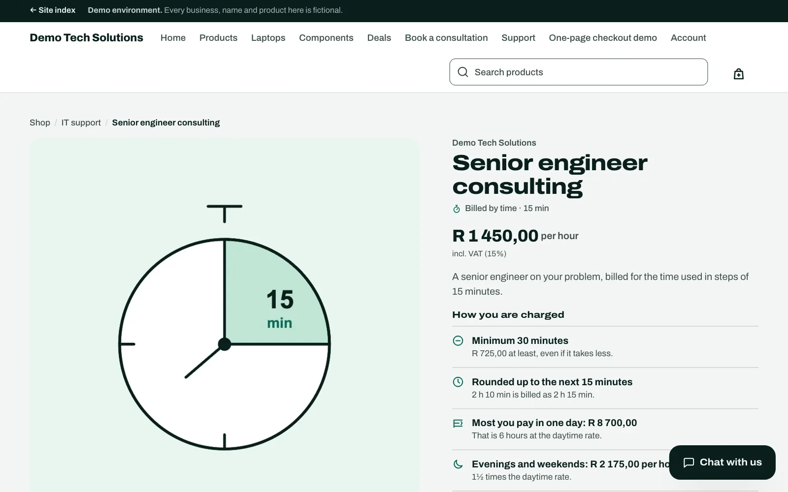 Real screenshot of the live sample shop: senior engineer consulting, billed by time with a minimum and 15-minute rounding.
