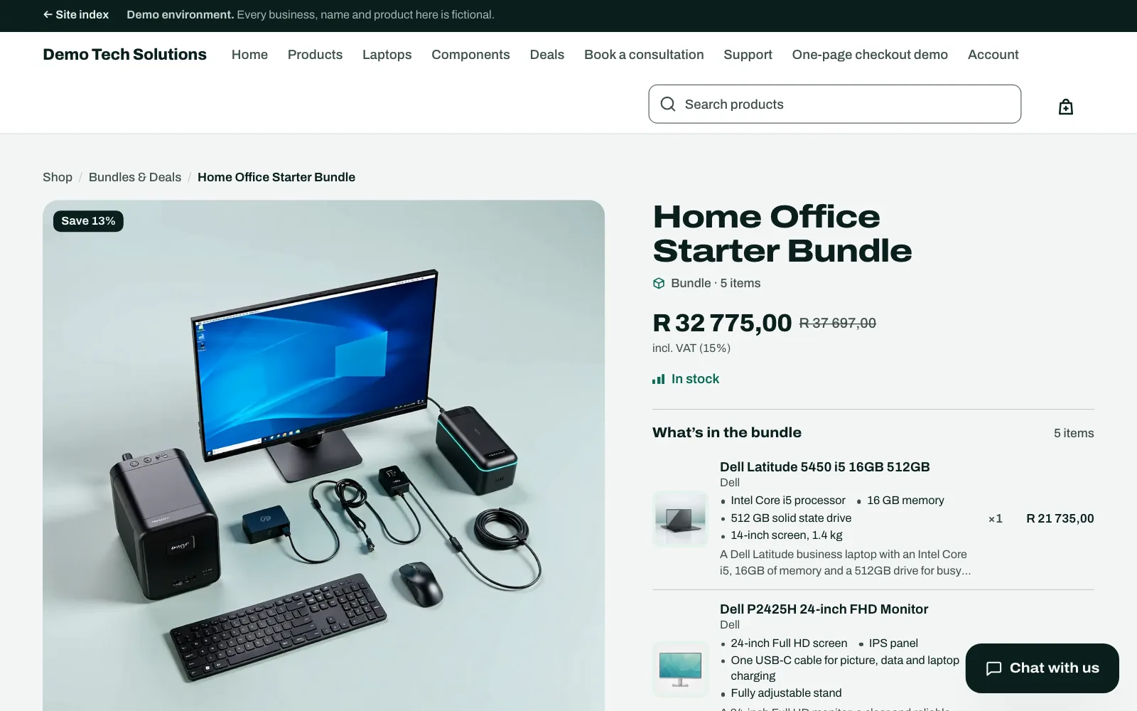 Real screenshot of the live sample shop: a home office bundle that shows its saving and the items inside.