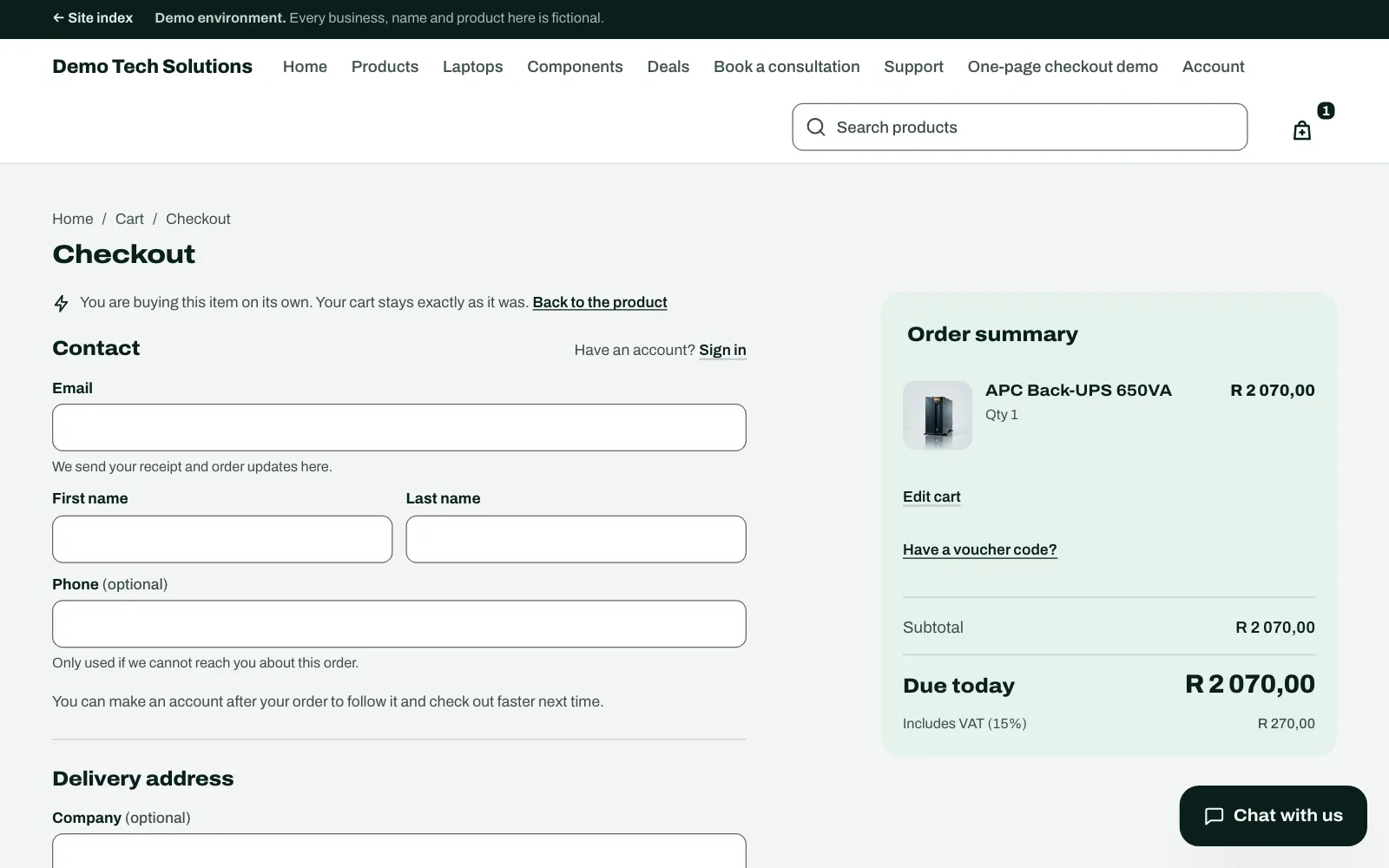 Real screenshot of the live sample shop: a one-page checkout with the order summary beside the contact form.
