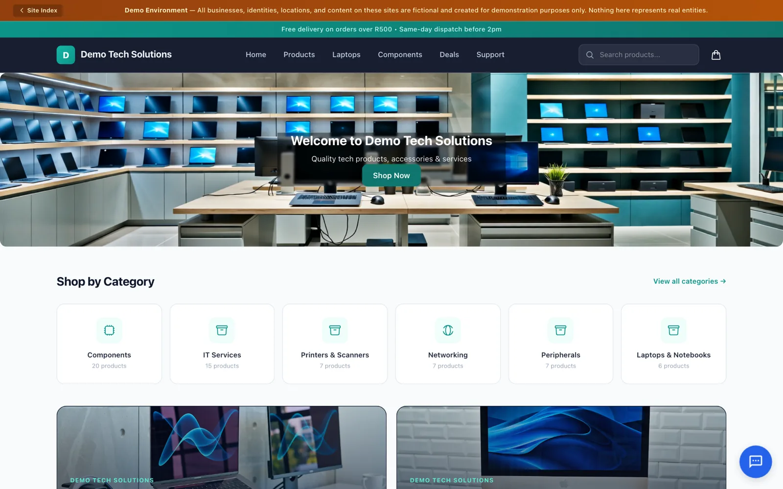 Demo Tech Solutions, a sample electronics shop with a cart and checkout.