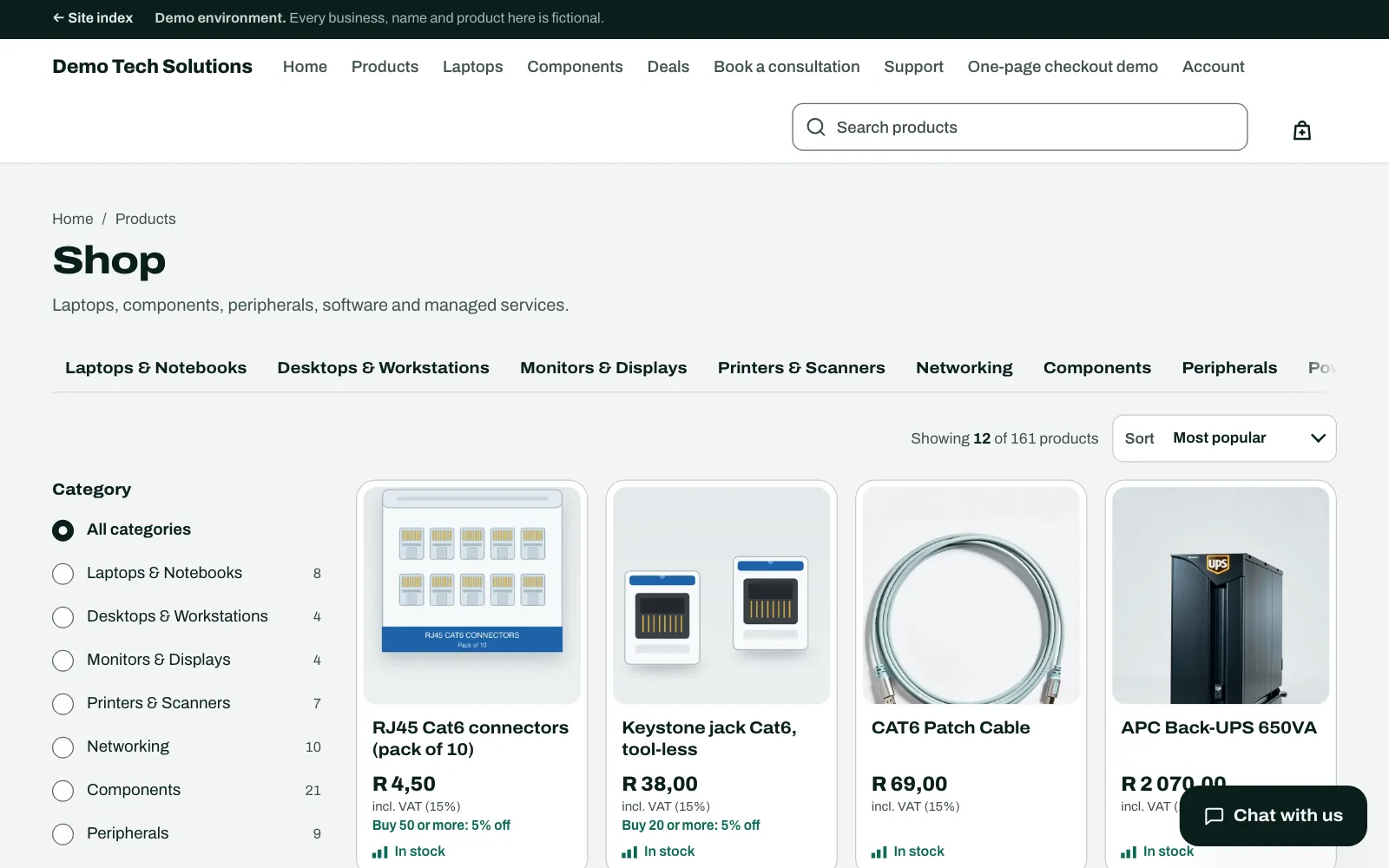 Real screenshot of the live sample shop: a product grid with category filters and counts, built from the shop pieces.