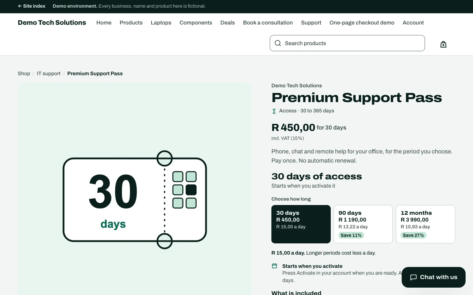 Real screenshot of the live sample shop: a support pass sold for 30 days, 90 days or 12 months.